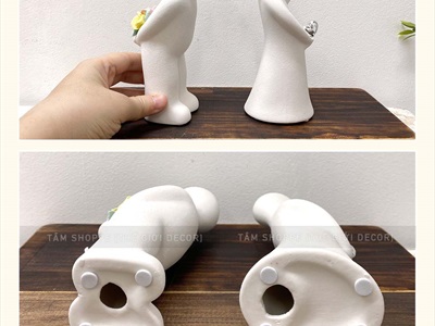 Tượng gốm đôi trai gái ôm hoa và trái tim [Nhẹ - Rỗng ruột] C16.5cm MOHINH-01